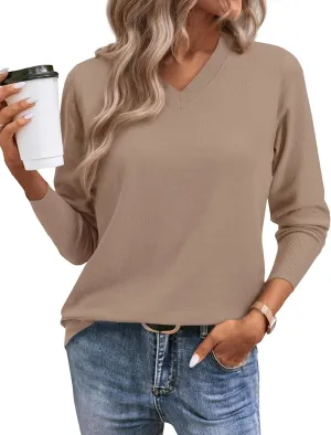 2025 Women's Sweaters Knitted Ribbed Casual Thin Long Sleeve Pullover V Neck Lightweight Sweatshirts Cute Blouse Tops