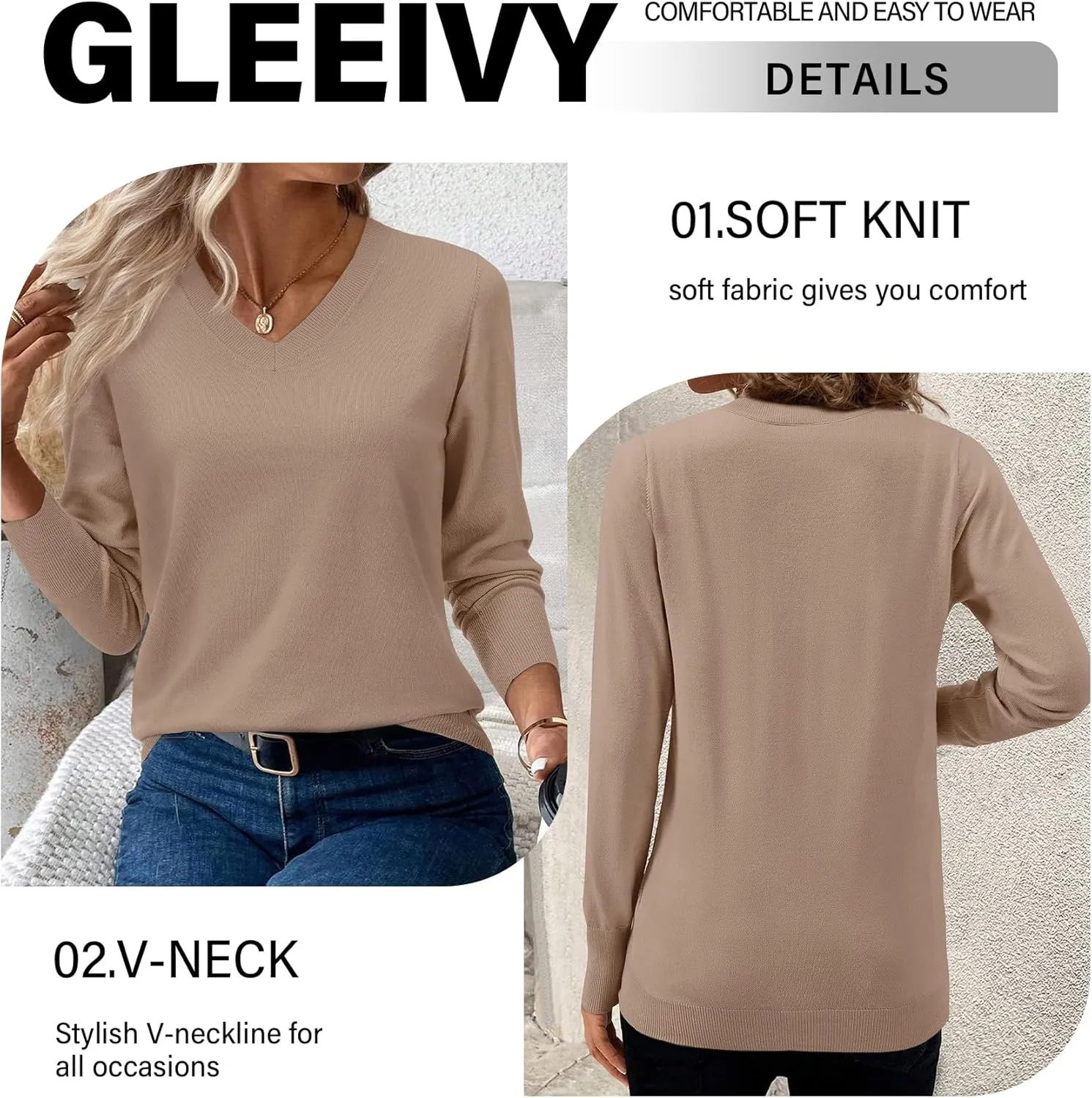 2025 Women's Sweaters Knitted Ribbed Casual Thin Long Sleeve Pullover V Neck Lightweight Sweatshirts Cute Blouse Tops