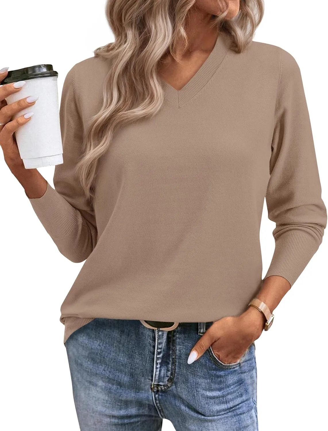 2025 Women's Sweaters Knitted Ribbed Casual Thin Long Sleeve Pullover V Neck Lightweight Sweatshirts Cute Blouse Tops
