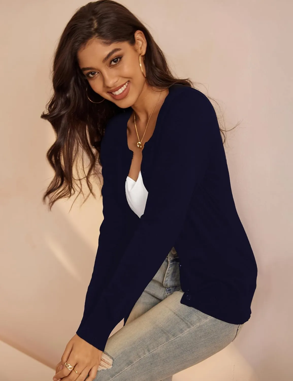 a.Jesdani Women's Button Down Crew Neck Long Sleeve Soft Knit Cardigan Sweaters
