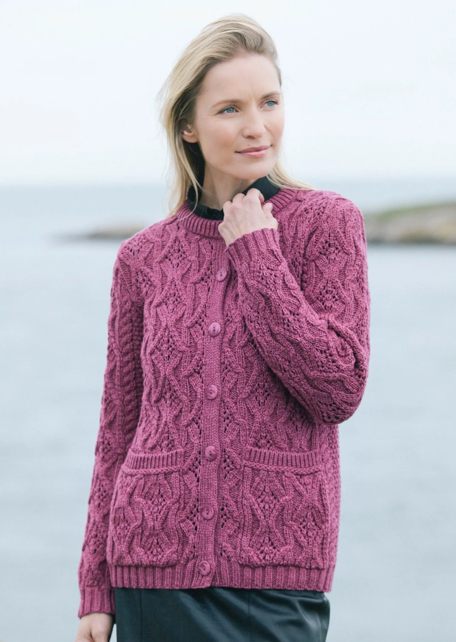 Aran Lace Style Lumber Cardigan | Magenta