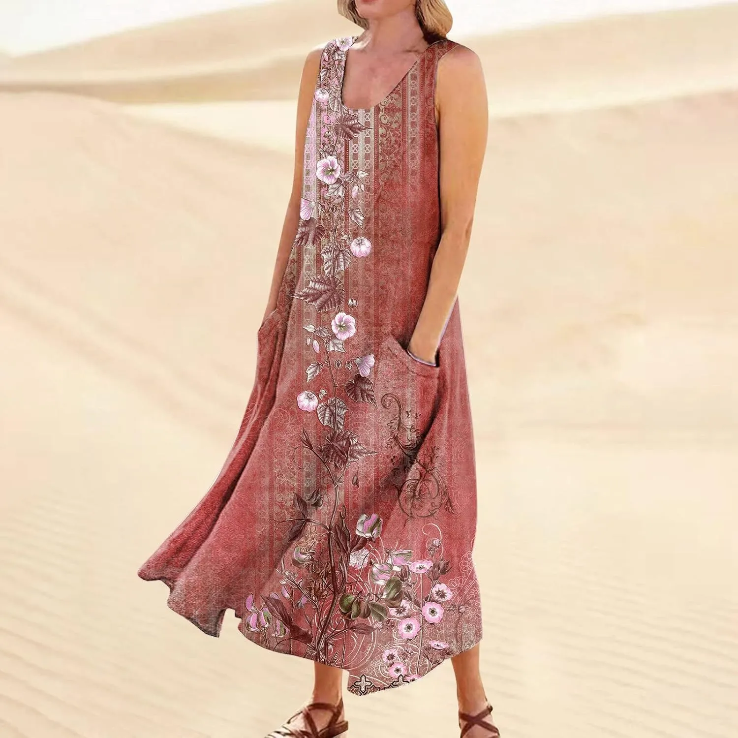 Beach Vacation Clothes for Women Casual Summer 2025 Sleeveless Flared Maxi Dress Low Neck Sundresses with Pockets