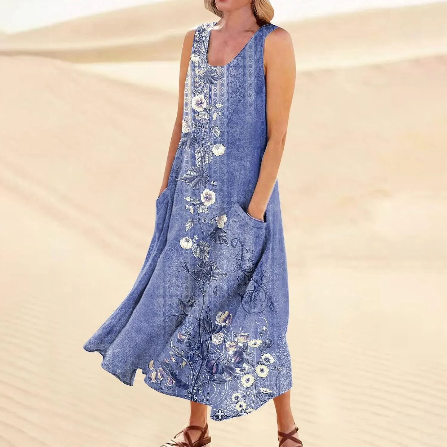 Beach Vacation Clothes for Women Casual Summer 2025 Sleeveless Flared Maxi Dress Low Neck Sundresses with Pockets