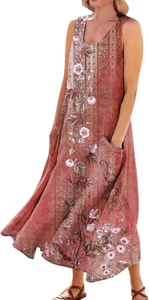 Beach Vacation Clothes for Women Casual Summer 2025 Sleeveless Flared Maxi Dress Low Neck Sundresses with Pockets