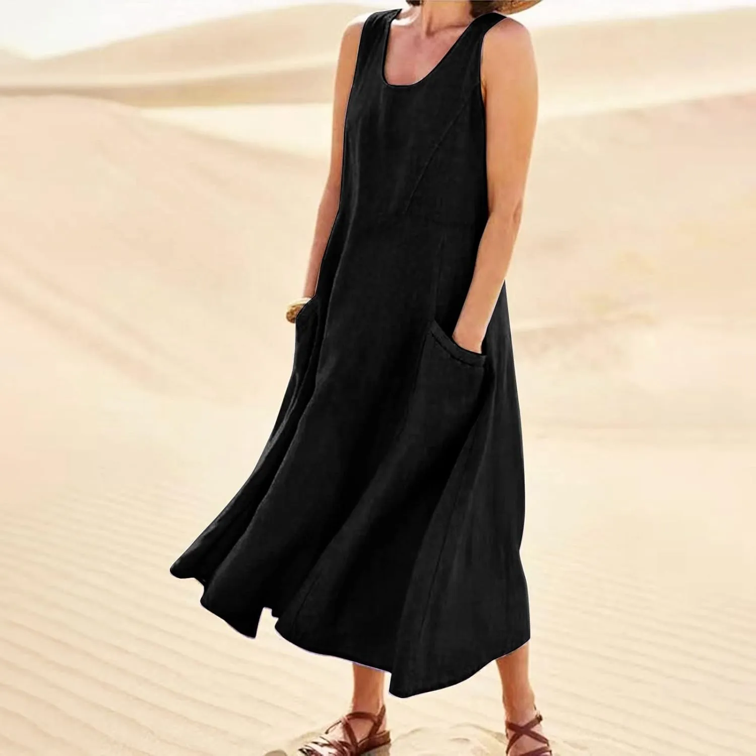 Beach Vacation Clothes for Women Casual Summer 2025 Sleeveless Flared Maxi Dress Low Neck Sundresses with Pockets