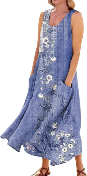 Beach Vacation Clothes for Women Casual Summer 2025 Sleeveless Flared Maxi Dress Low Neck Sundresses with Pockets