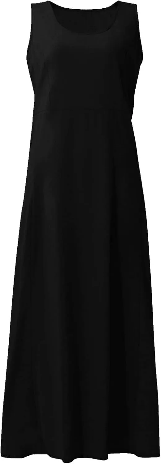 Beach Vacation Clothes for Women Casual Summer 2025 Sleeveless Flared Maxi Dress Low Neck Sundresses with Pockets