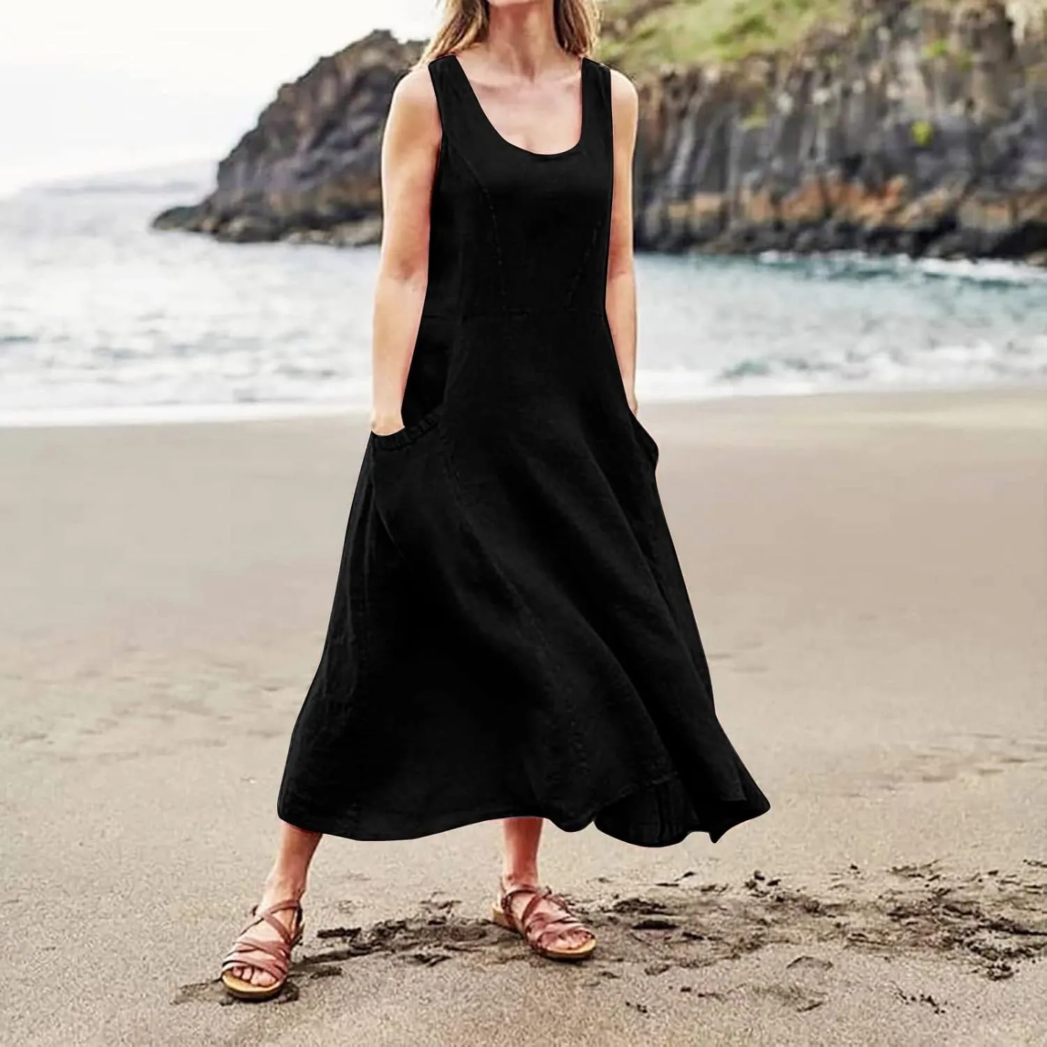 Beach Vacation Clothes for Women Casual Summer 2025 Sleeveless Flared Maxi Dress Low Neck Sundresses with Pockets