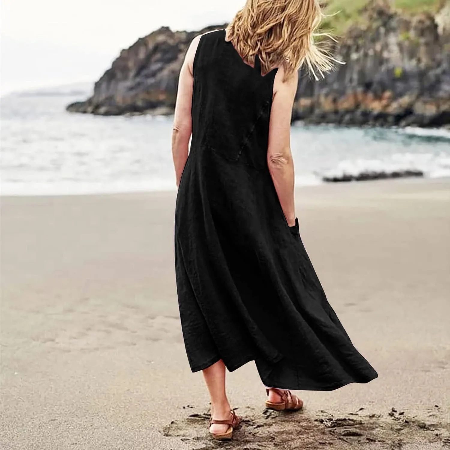 Beach Vacation Clothes for Women Casual Summer 2025 Sleeveless Flared Maxi Dress Low Neck Sundresses with Pockets