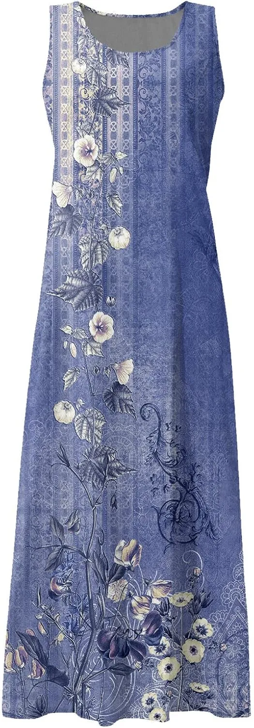 Beach Vacation Clothes for Women Casual Summer 2025 Sleeveless Flared Maxi Dress Low Neck Sundresses with Pockets