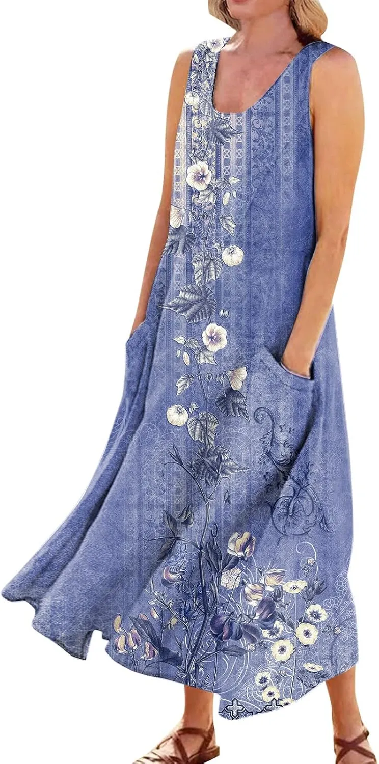 Beach Vacation Clothes for Women Casual Summer 2025 Sleeveless Flared Maxi Dress Low Neck Sundresses with Pockets