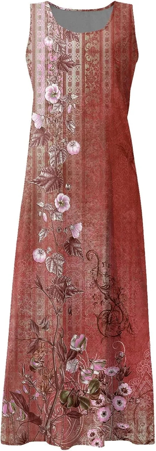 Beach Vacation Clothes for Women Casual Summer 2025 Sleeveless Flared Maxi Dress Low Neck Sundresses with Pockets
