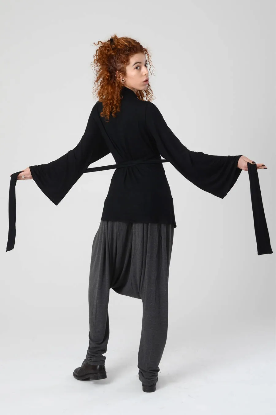 Black Bell Sleeve Wrap Kimono Top