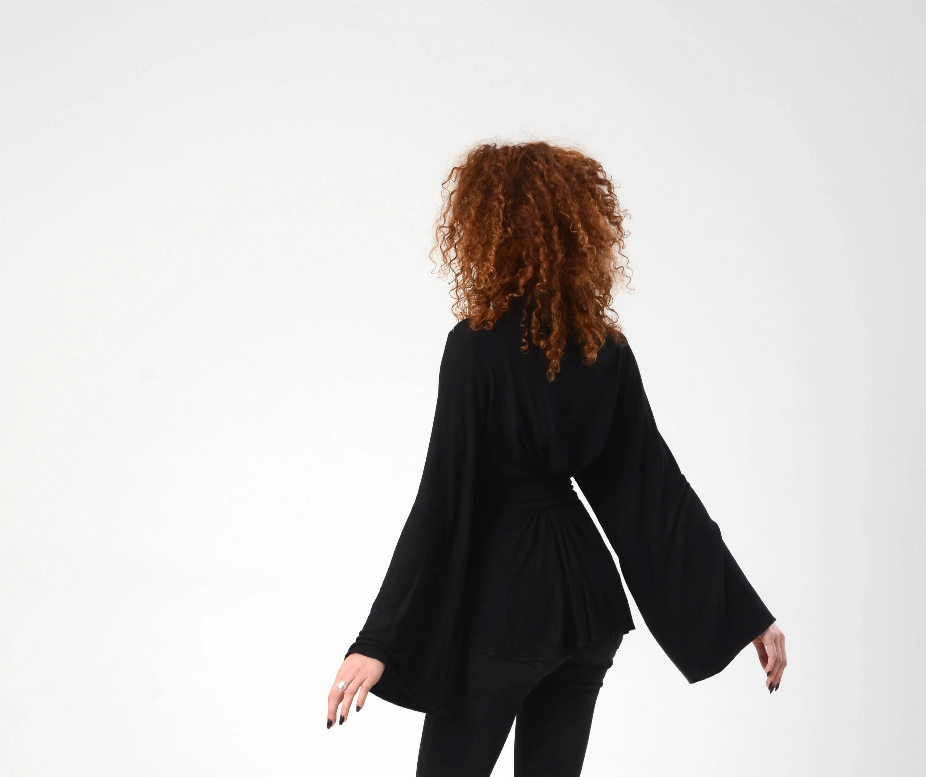 Black Bell Sleeve Wrap Kimono Top