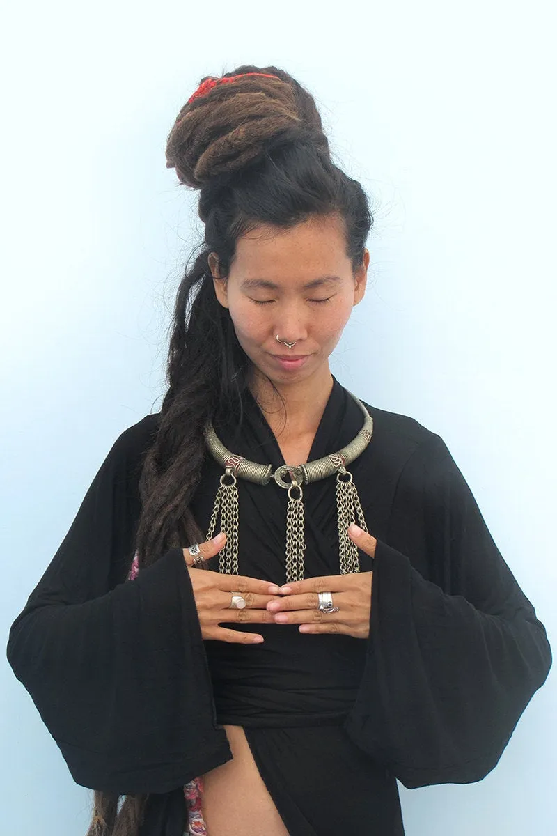 Black Bell Sleeve Wrap Kimono Top