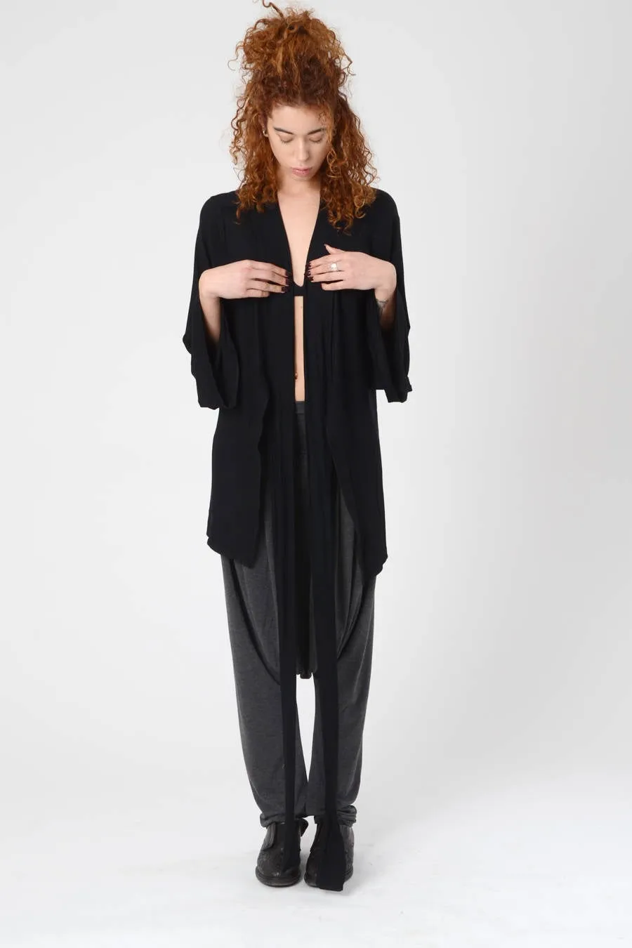 Black Bell Sleeve Wrap Kimono Top