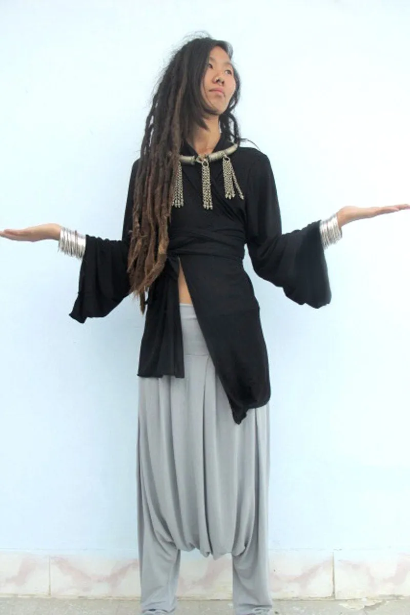 Black Bell Sleeve Wrap Kimono Top