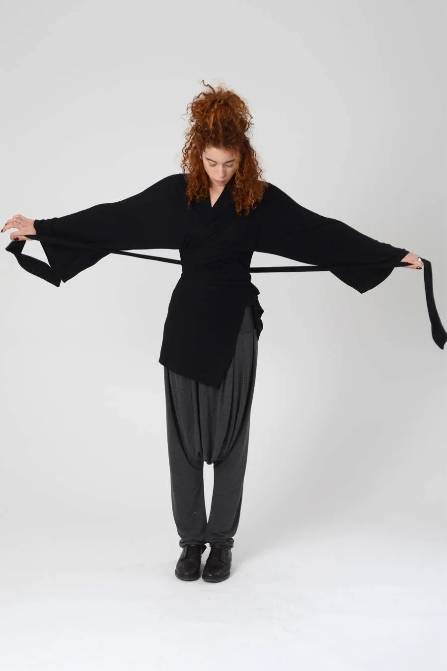 Black Bell Sleeve Wrap Kimono Top