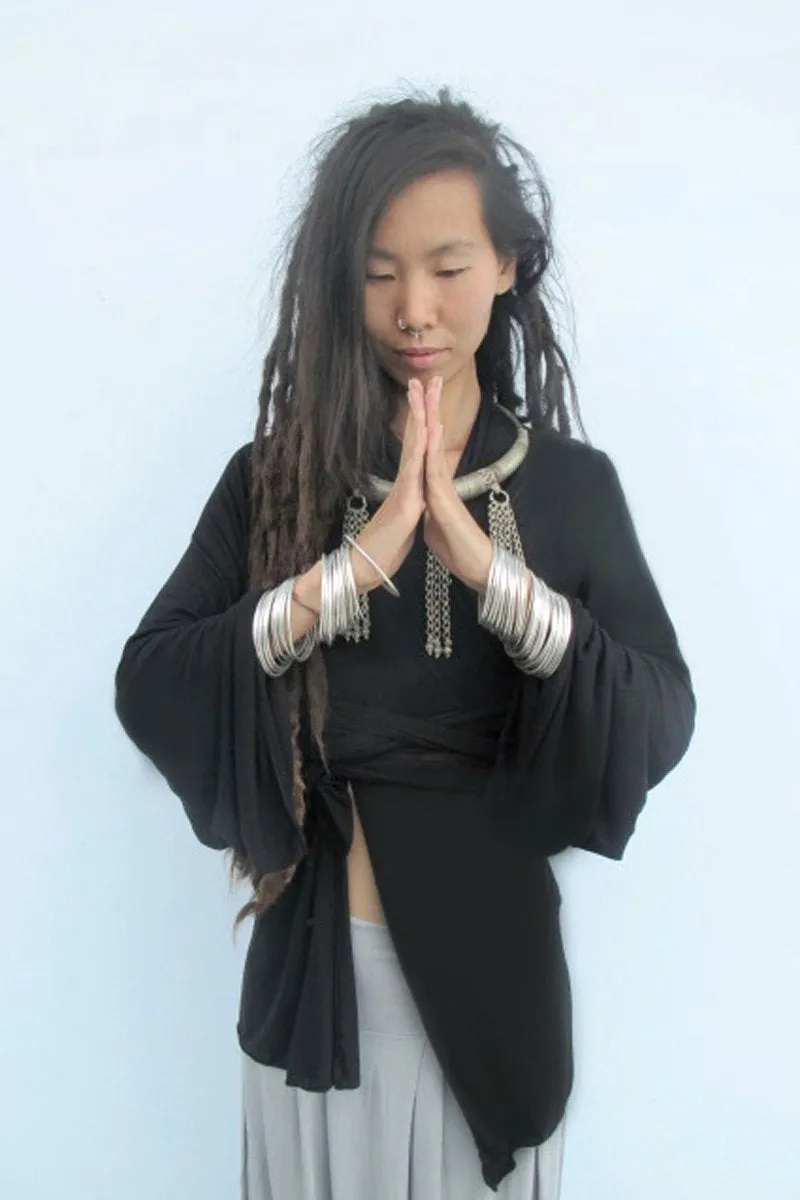 Black Bell Sleeve Wrap Kimono Top