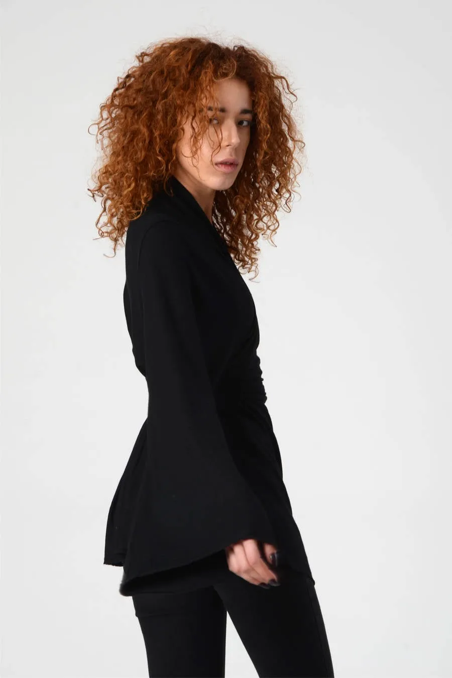 Black Bell Sleeve Wrap Kimono Top