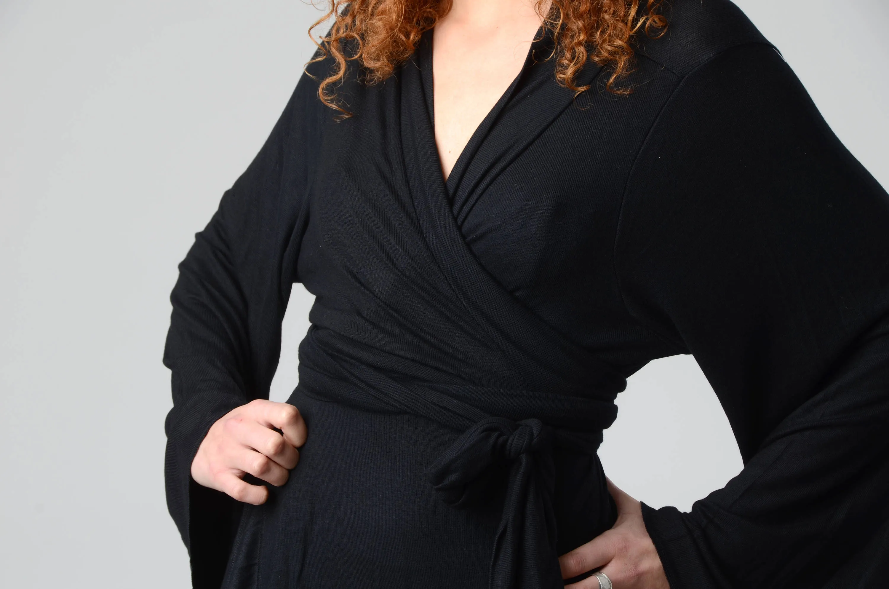 Black Bell Sleeve Wrap Kimono Top