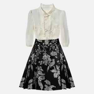 Blossom Bird Print Skirt Two Pieces Set