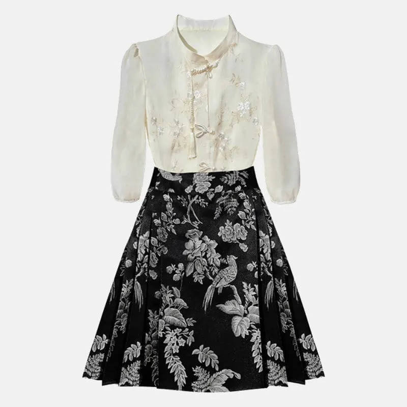 Blossom Bird Print Skirt Two Pieces Set
