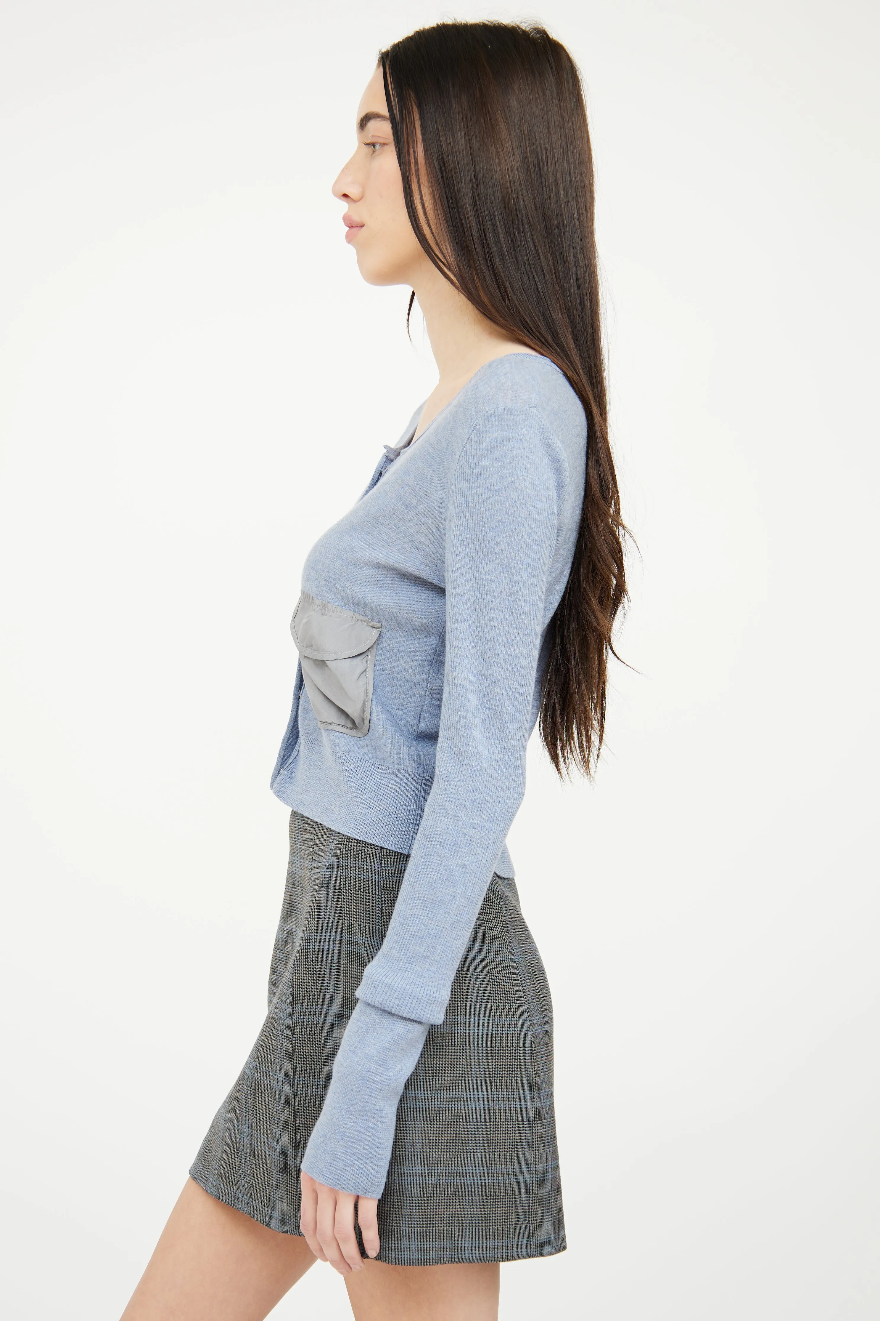 Blue Grey Silk Knit Snap Front Cardigan