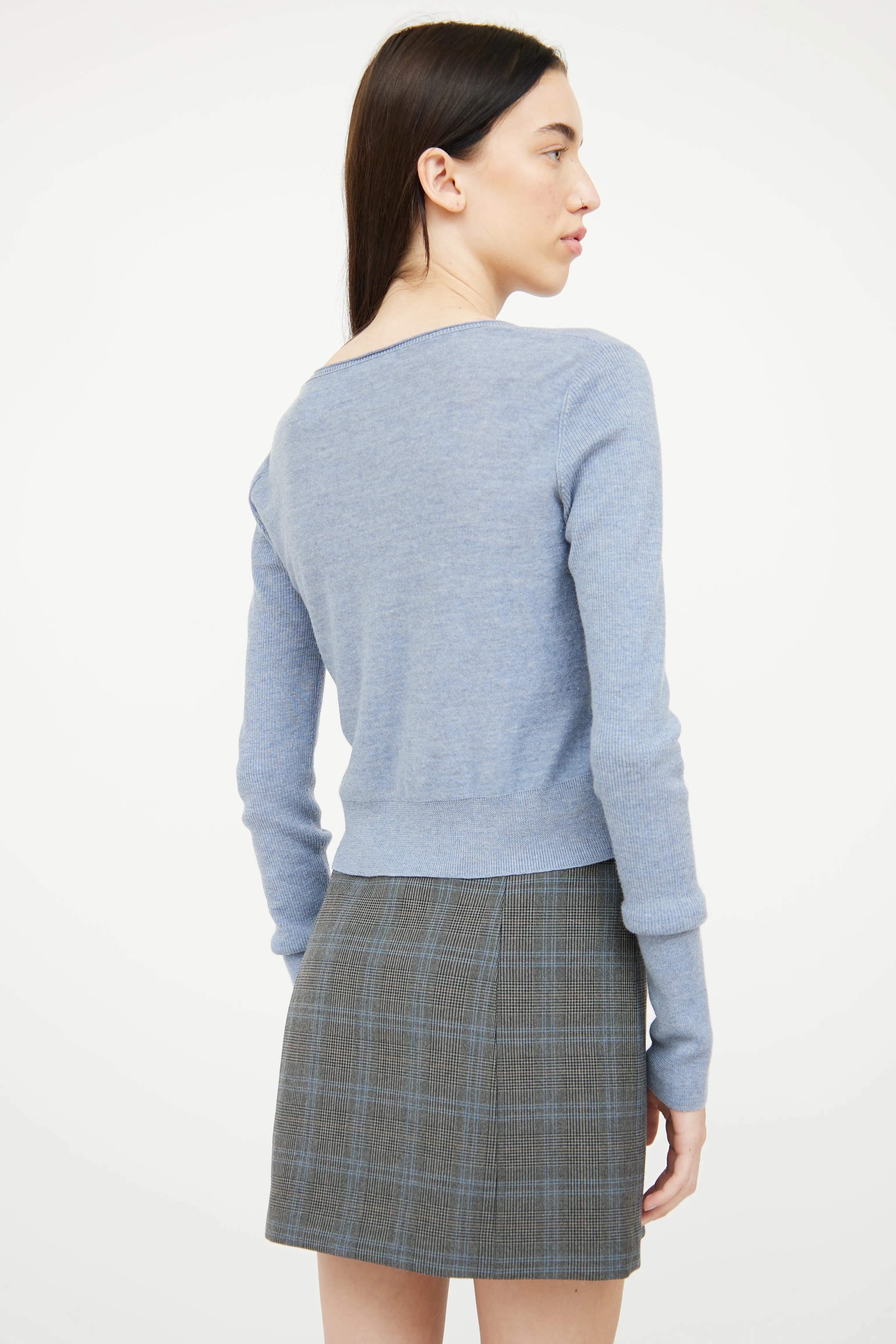 Blue Grey Silk Knit Snap Front Cardigan