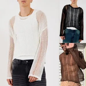 Bonsir Spring Autumn New Sweater T-shirts For Men Elastic Hollow Slinghtly Transparent Long Sleeve Loose Versatile Knitting Tees Tops