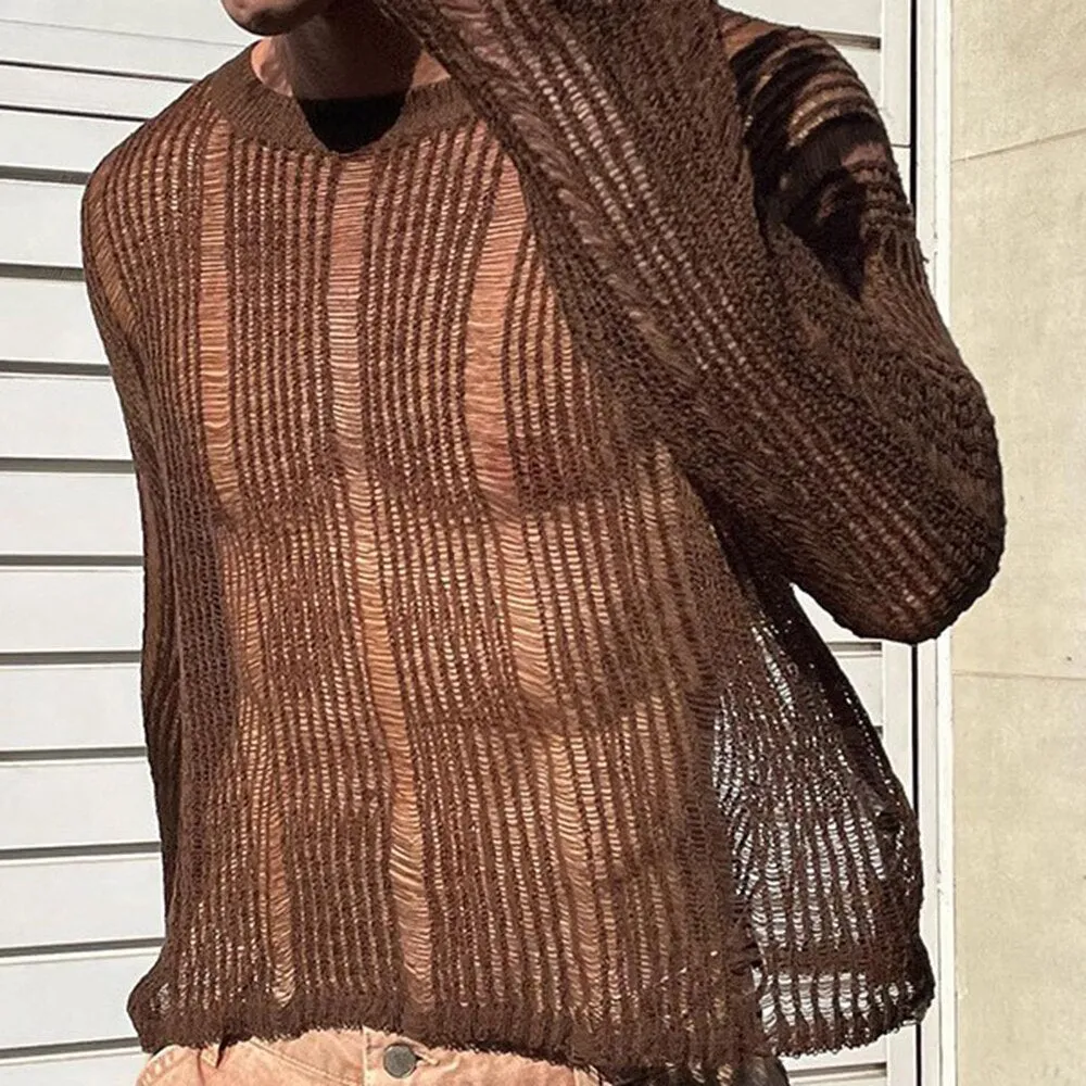 Bonsir Spring Autumn New Sweater T-shirts For Men Elastic Hollow Slinghtly Transparent Long Sleeve Loose Versatile Knitting Tees Tops
