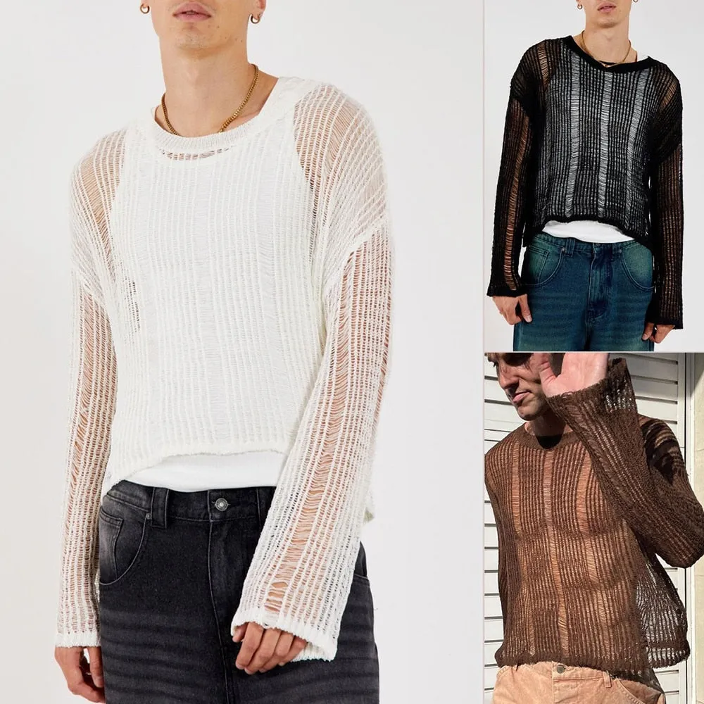Bonsir Spring Autumn New Sweater T-shirts For Men Elastic Hollow Slinghtly Transparent Long Sleeve Loose Versatile Knitting Tees Tops