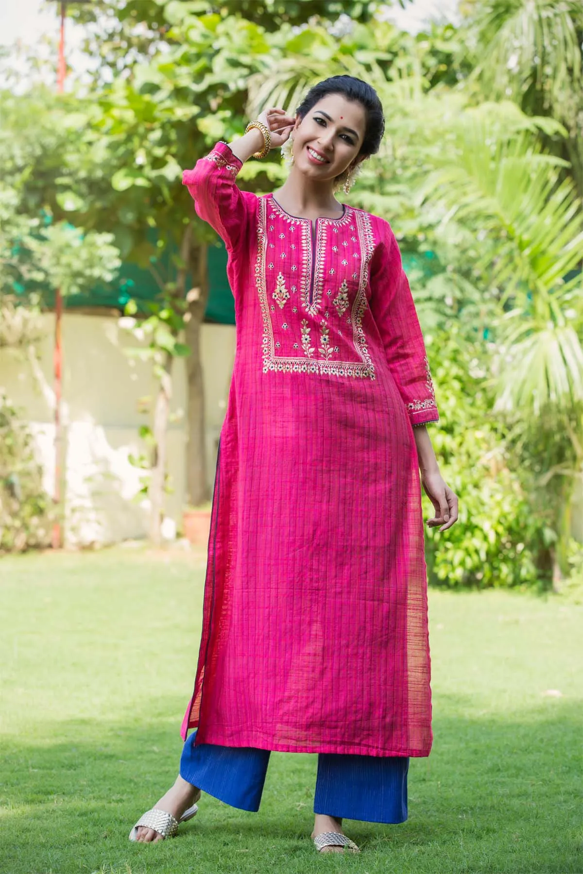 Chanderi silk kurta with Pittan work