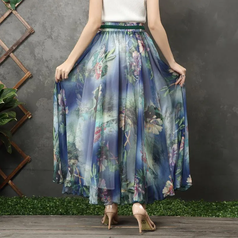 Chic blue floral chiffon Long Shirts elastic tie waist long summer Dress