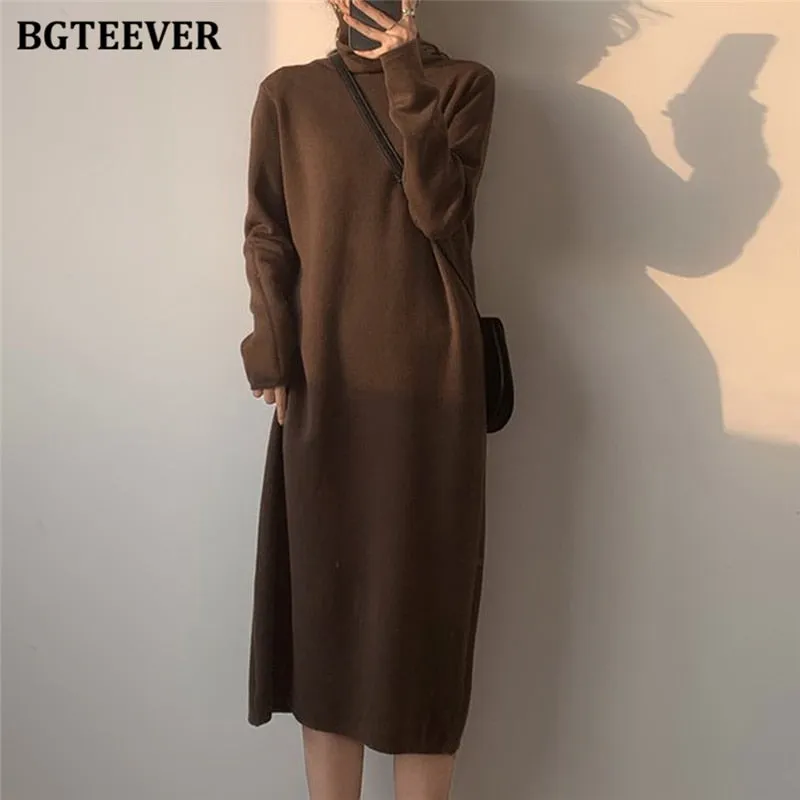 Christmas Gift Joskaa Autumn Winter Thicken Women Dress Turtleneck Ladies Knit Vestidos Casual Warm Loose Female Sweaters Dress 2024