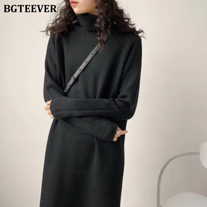 Christmas Gift Joskaa Autumn Winter Thicken Women Dress Turtleneck Ladies Knit Vestidos Casual Warm Loose Female Sweaters Dress 2024