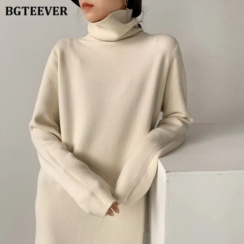 Christmas Gift Joskaa Autumn Winter Thicken Women Dress Turtleneck Ladies Knit Vestidos Casual Warm Loose Female Sweaters Dress 2024