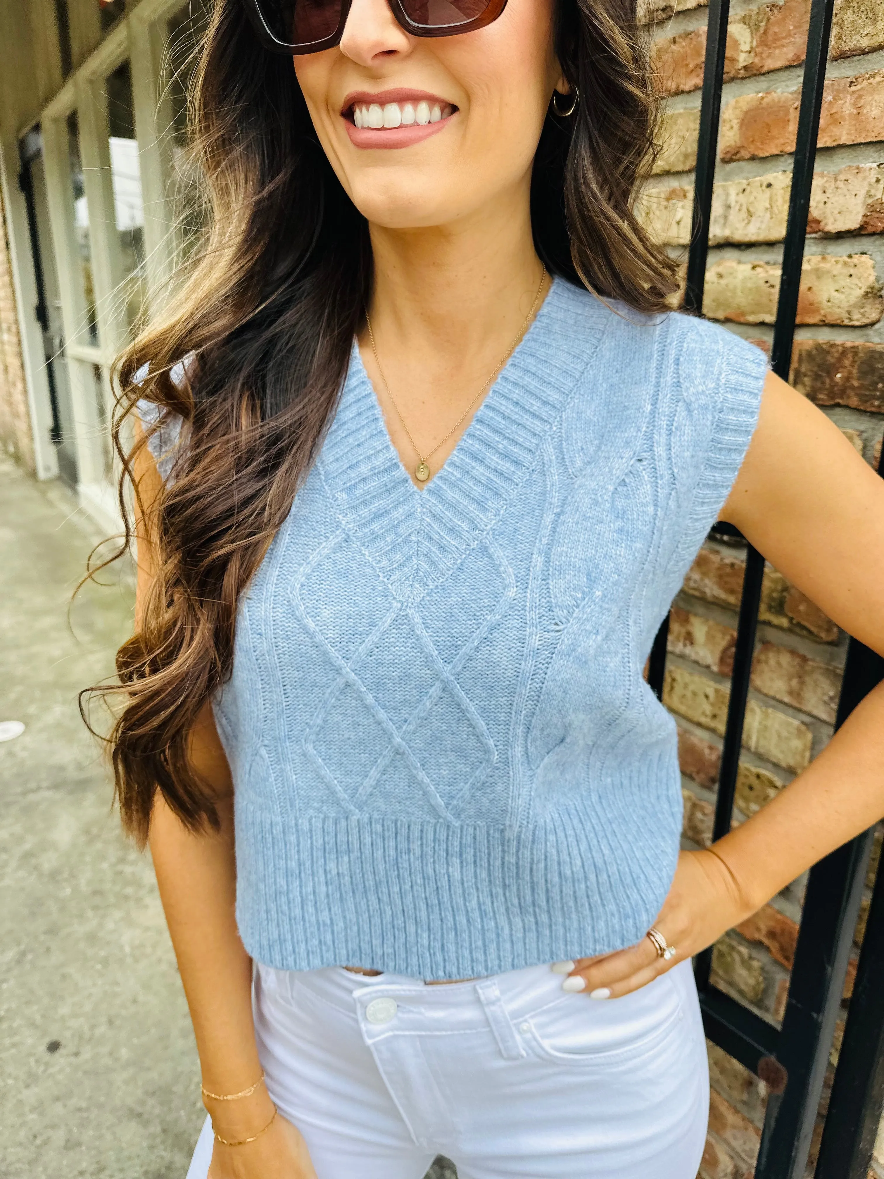 Clarke Cable Knit Sweater Vest- Sky Blue