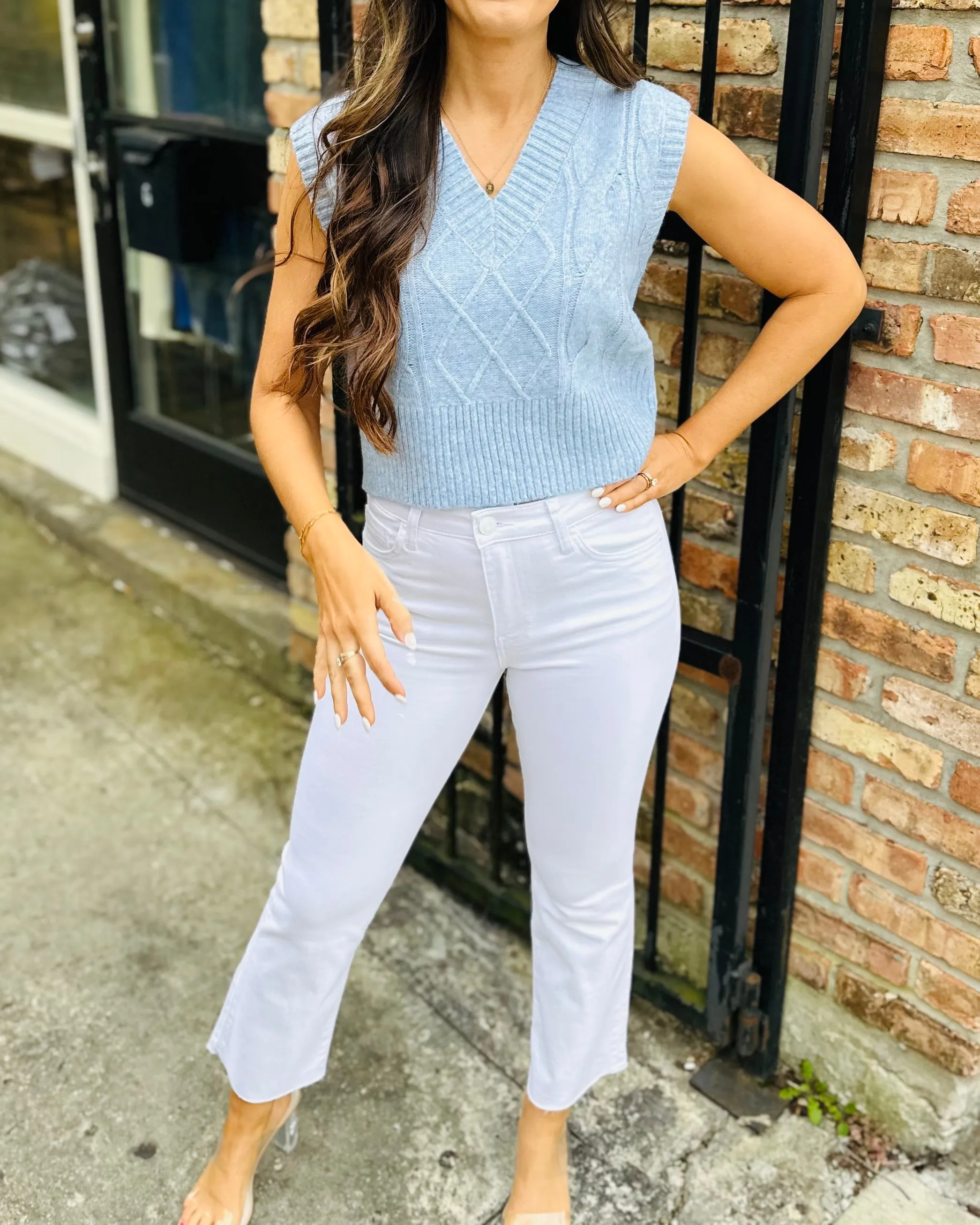 Clarke Cable Knit Sweater Vest- Sky Blue