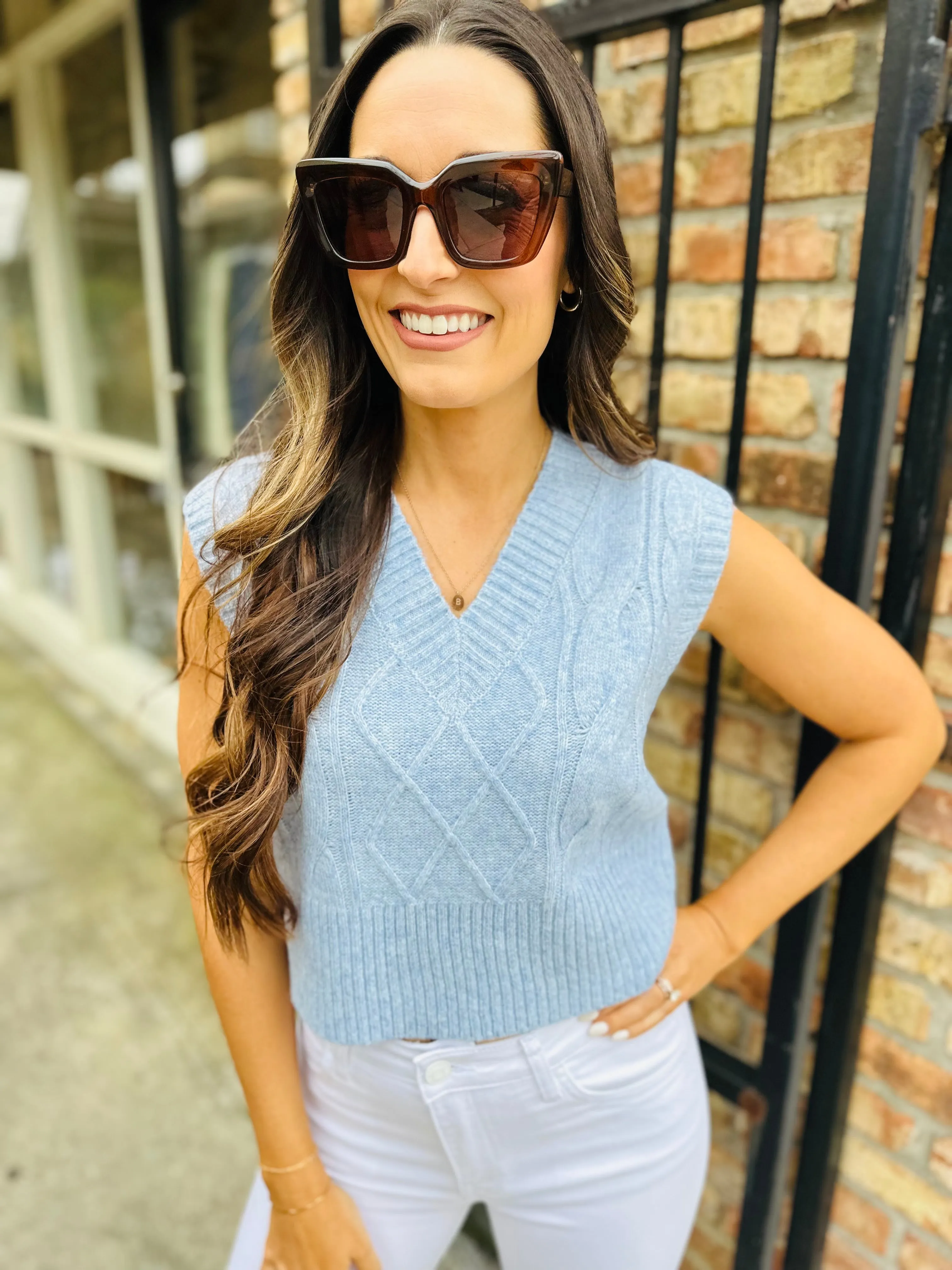Clarke Cable Knit Sweater Vest- Sky Blue