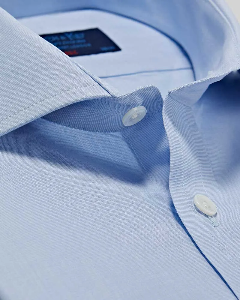 Classic Fit Plain Light Blue End-on-End Cotton Shirt with Cut-away Collar & Double Cuff