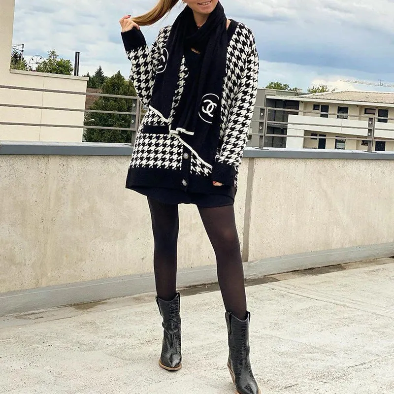 Classic Houndstooth Pattern Knitted Long Sleeve Cardigan Sweaters