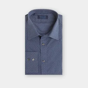 Contemporary Fit, Classic Collar, 2 Button Cuff Shirt in a Navy & Blue Small Spot Poplin Cotton