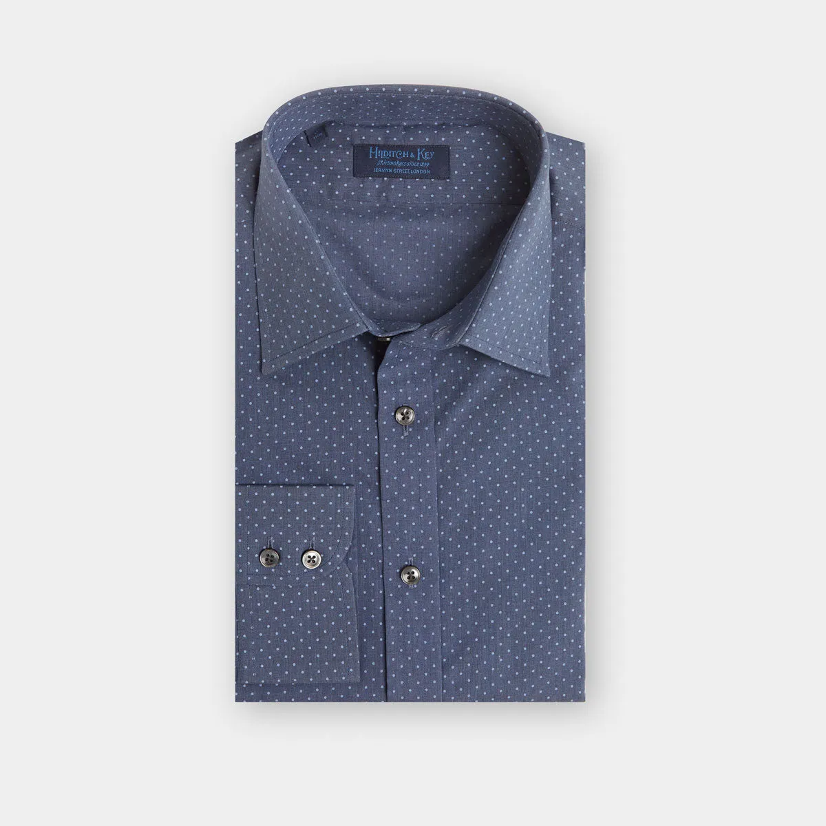 Contemporary Fit, Classic Collar, 2 Button Cuff Shirt in a Navy & Blue Small Spot Poplin Cotton
