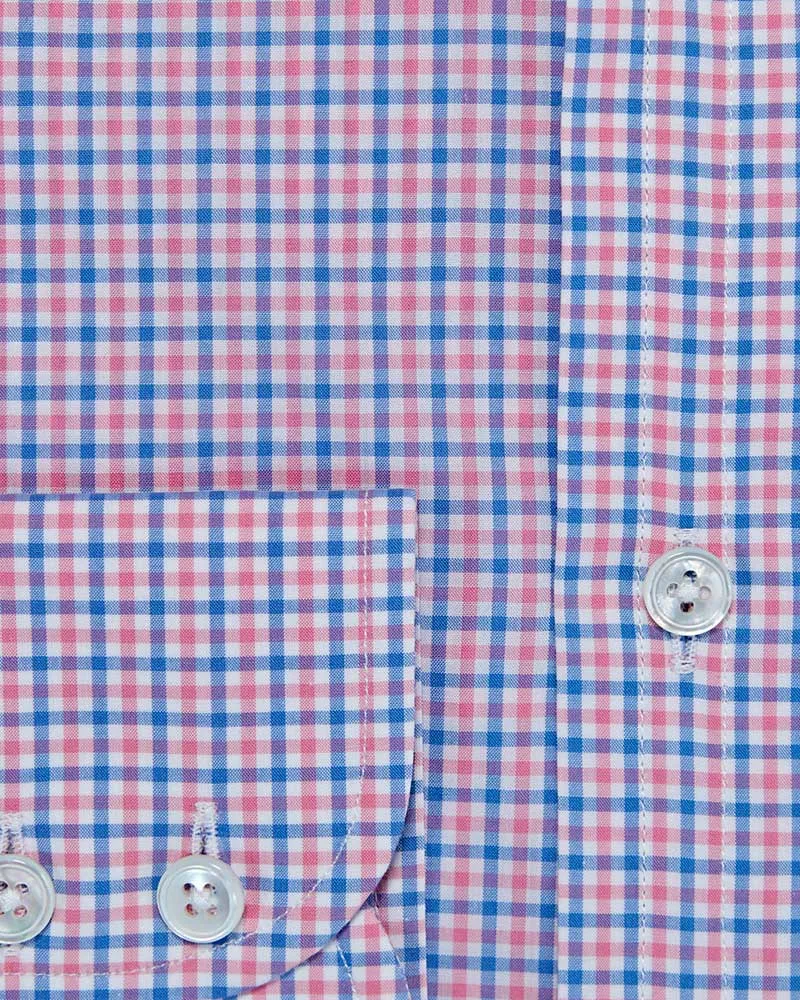 Contemporary Fit, Cutaway Collar, 2 Button Cuff Shirt in Sky Blue & Pink Check