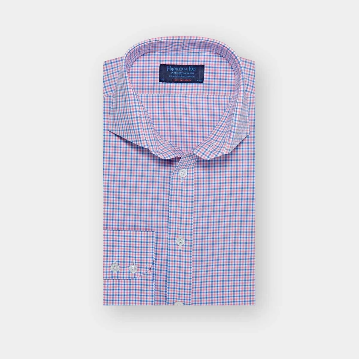 Contemporary Fit, Cutaway Collar, 2 Button Cuff Shirt in Sky Blue & Pink Check