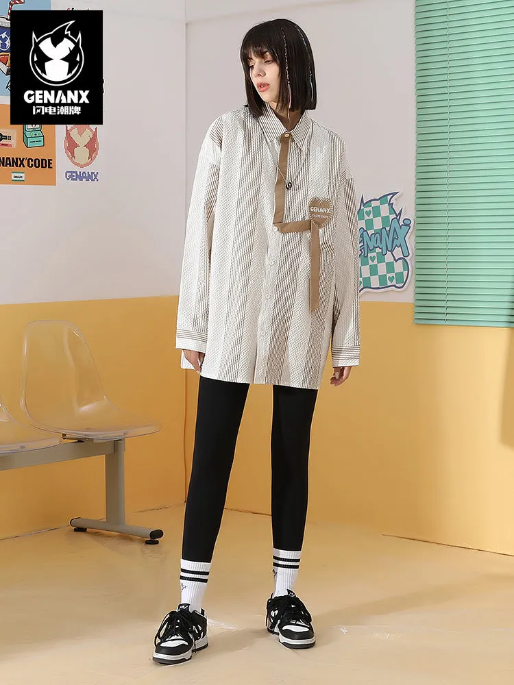 Contrasting color striped letters embroidered love label ribbon decorated loop shirt