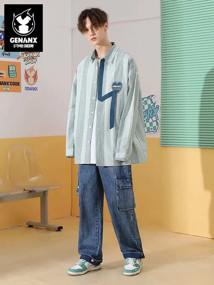 Contrasting color striped letters embroidered love label ribbon decorated loop shirt