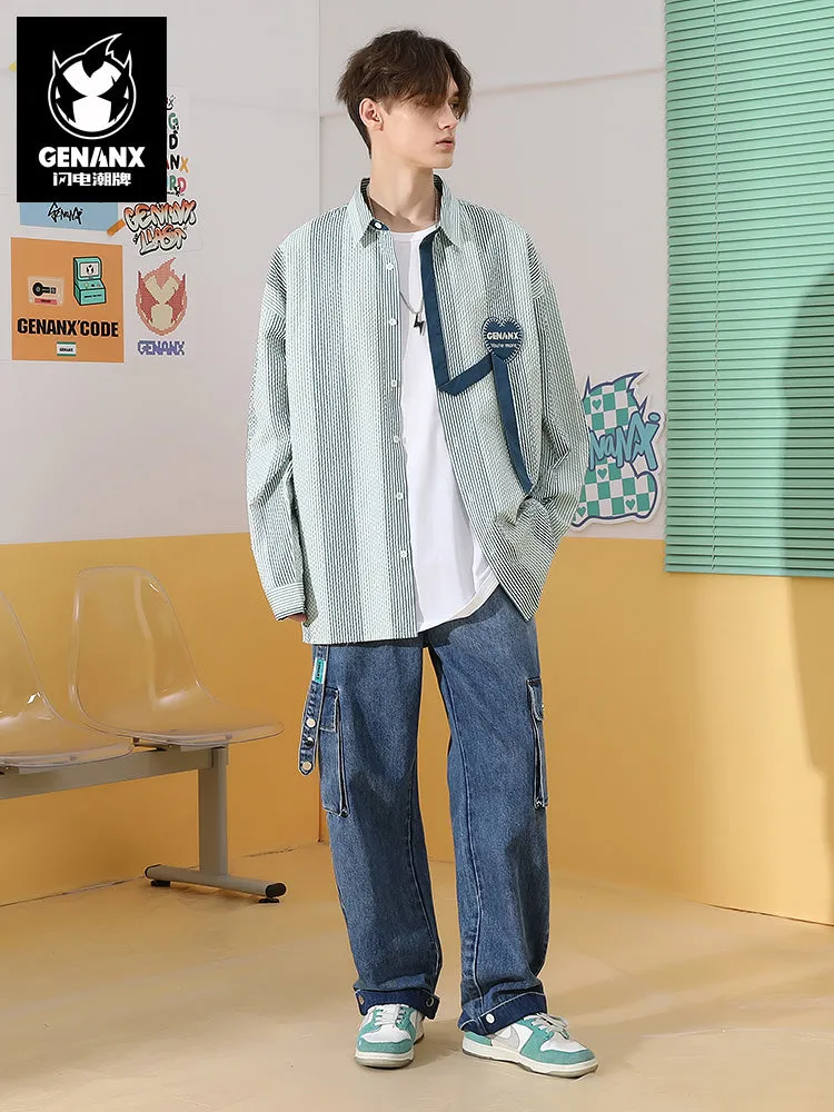 Contrasting color striped letters embroidered love label ribbon decorated loop shirt