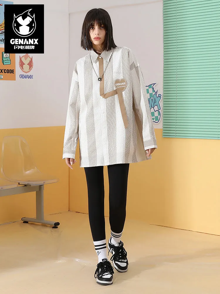 Contrasting color striped letters embroidered love label ribbon decorated loop shirt
